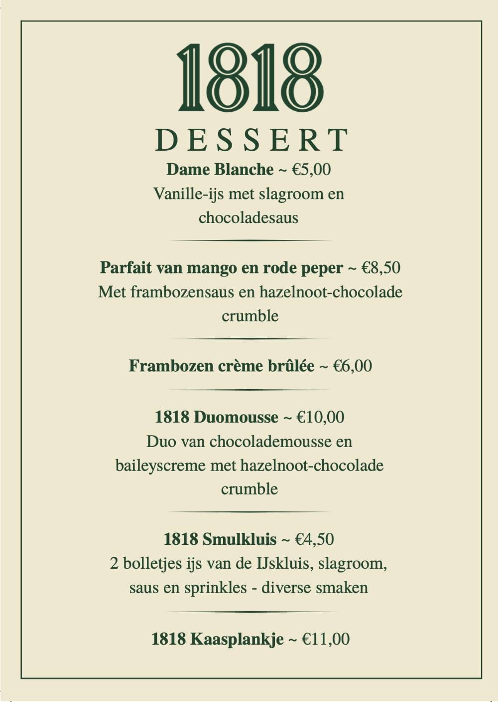 1818 dessert kaart zomer