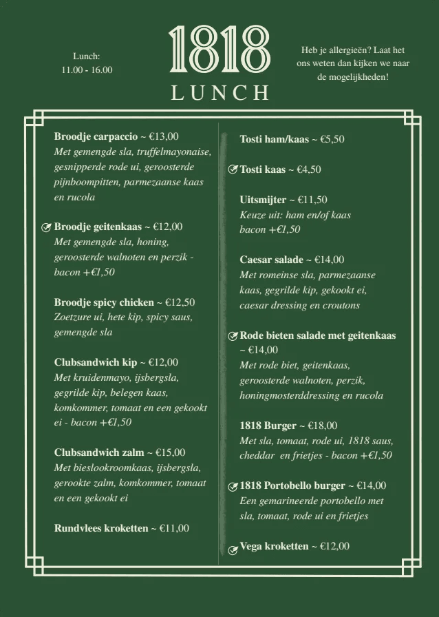 Lunchkaart restaurant 1818