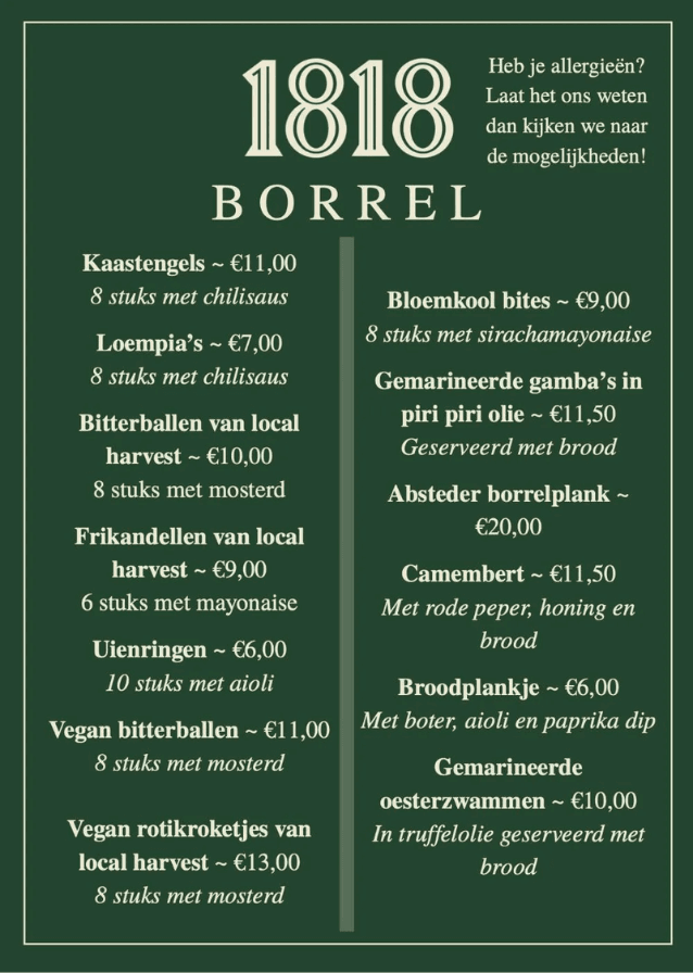 Borrelkaart restaurant 1818