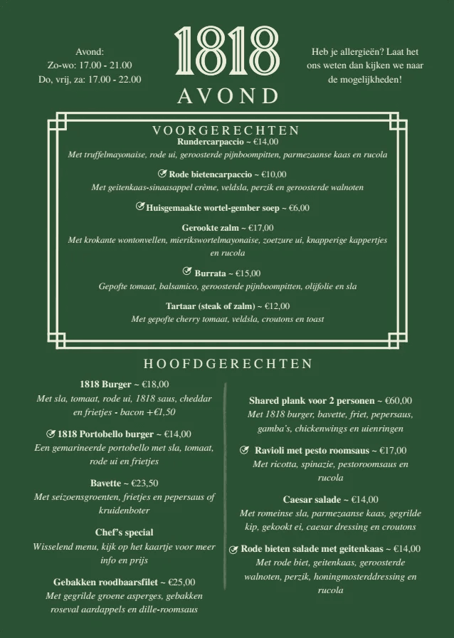 Dinerkaart restaurant 1818