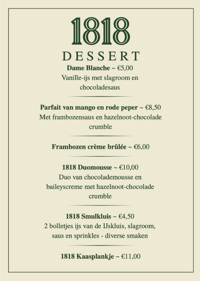 Dessertkaart restaurant 1818